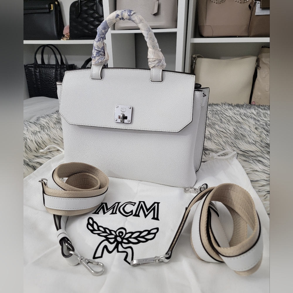 Mcm Medium Milla Convertible Backpack Satchel White Handbag With Dustbag